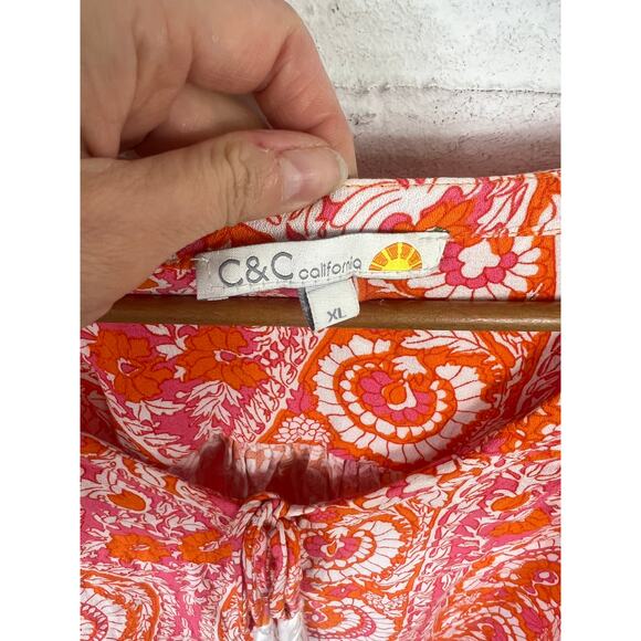 C&C California Women's Swirl Floral Beachy Blouse Balloon Sleeve Orange Size XL - Picture 3 of 5
